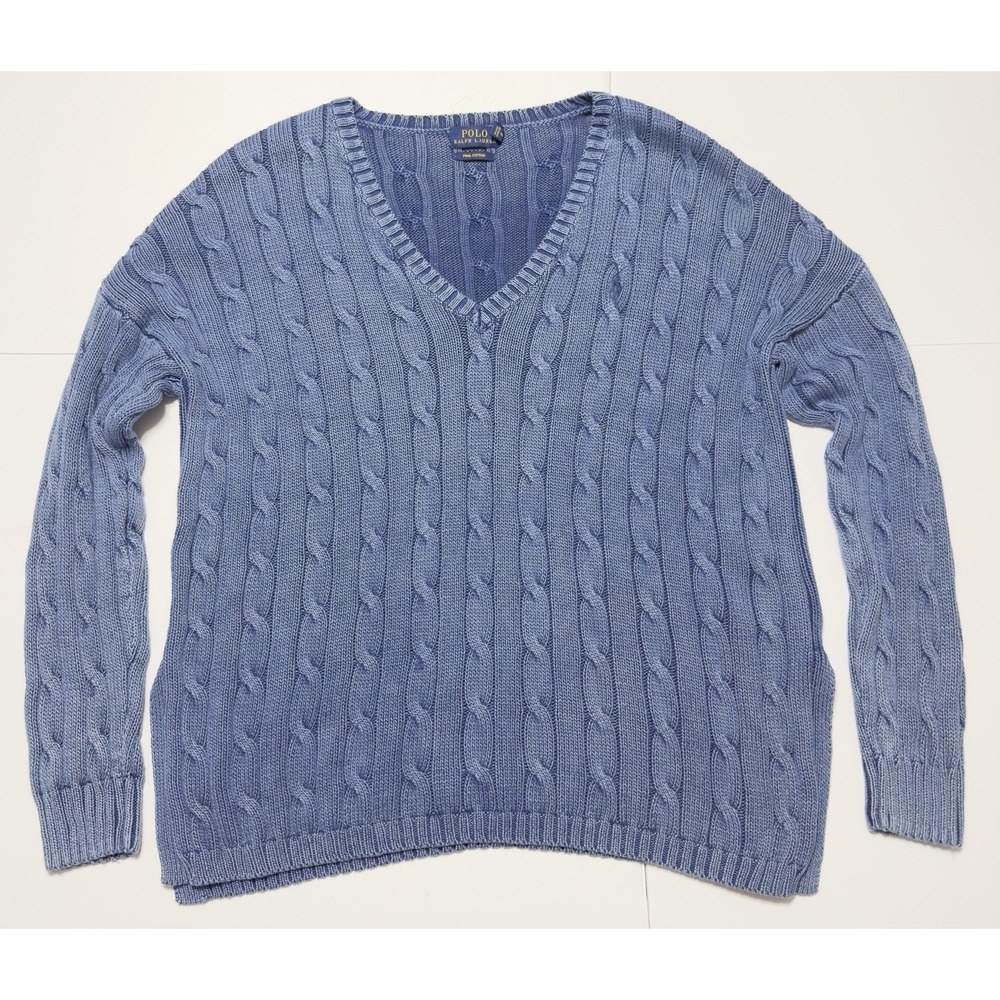 Polo Ralph Lauren Women's Cable Knit Pima Cotton V-Neck Sweater Pullover Blue M